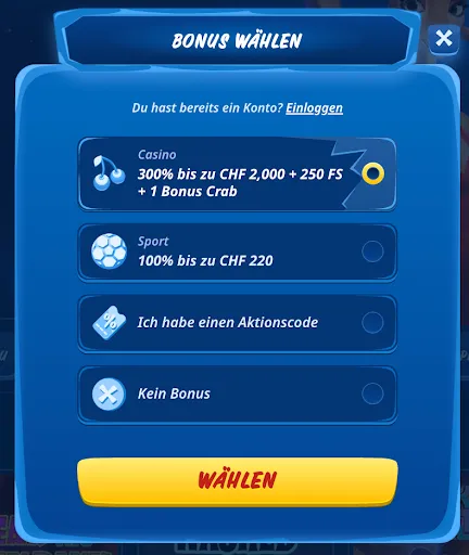 SGCasino Bonusauswahlfenster mit Willkommens- und Sportbonusoptionen SGCasino Bonuswahl-Dialog mit Optionen für Casino- und Sportbonus