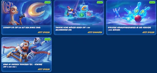 SGCasino Spezialaktionen: Bonus Crab, Münz-Tausch, Herausforderungen & Turniere SGCasino Spezial-Promotions mit Bonus Crab, Münz-Tausch, Herausforderungen und Turnieren in winterlicher Szenerie