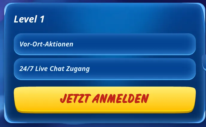 SGCasino Level 1 Rewards Panel mit Live Chat und Vor-Ort-Aktionen SGCasino Level 1 Belohnungsübersicht mit Vor-Ort-Aktionen und 24/7 Live Chat Zugang sowie ‚Jetzt Anmelden'-Button