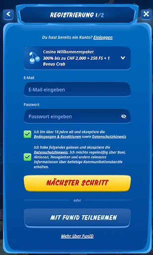 SGCasino Registrierung – Schritt 1: Willkommenspaket auswählen und Anmeldedaten eingeben SGCasino Registrierungsformular Schritt 1 mit Auswahl des Willkommenspakets und Eingabefeldern für E-Mail und Passwort