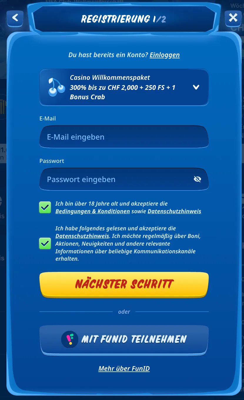 SGCasino Registrierung Schritt 1 mit Willkommenspaket und FunID-Teilnahme SGCasino Registrierungsformular Schritt 1 mit Auswahl des Willkommenspakets und FunID-Option