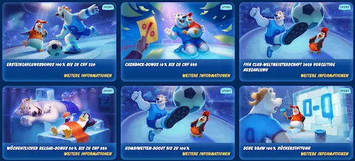 SGCasino Ersteinzahlungsbonus 100 % bis CHF 220 mit Eisbär und Pinguin SGCasino Sportpromotion mit Eisbär und Pinguin beim Fußballspiel