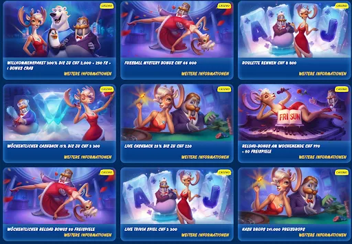 SGCasino Promotions-Grid mit Casino- und Sportbonussen SGCasino Aktionsübersicht mit neun Casino- und Sportbonus-Angeboten in illustrativen Kacheln