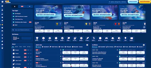 SGCasino Sportwetten-Oberfläche mit Live-Events und Promotions SGCasino Live-Wetten-Übersichtsseite mit Top-Ligen, Live-Spielen und Sport-Promotions