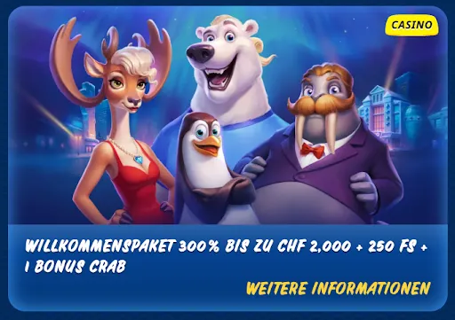 SGCasino Casino-Promotion mit Reh-, Eisbär-, Pinguin- und Walross-Charakteren SGCasino Casino-Promotion mit Reh, Eisbär, Pinguin und Walross vor nächtlicher Kulisse