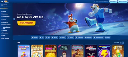 SGCasino Sportbonus-Werbung – 100 % bis zu CHF 220 SGCasino Sportbonus-Banner mit Eisbär und Pinguin im Stadion