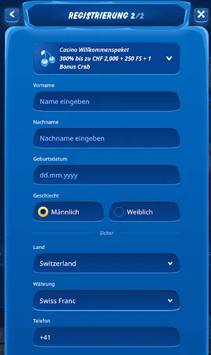 SGCasino Registrierung – Schritt 2: Persönliche Daten und Standort eingeben SGCasino Registrierungsformular Schritt 2 mit Feldern für Name, Geburtsdatum, Geschlecht und Standort